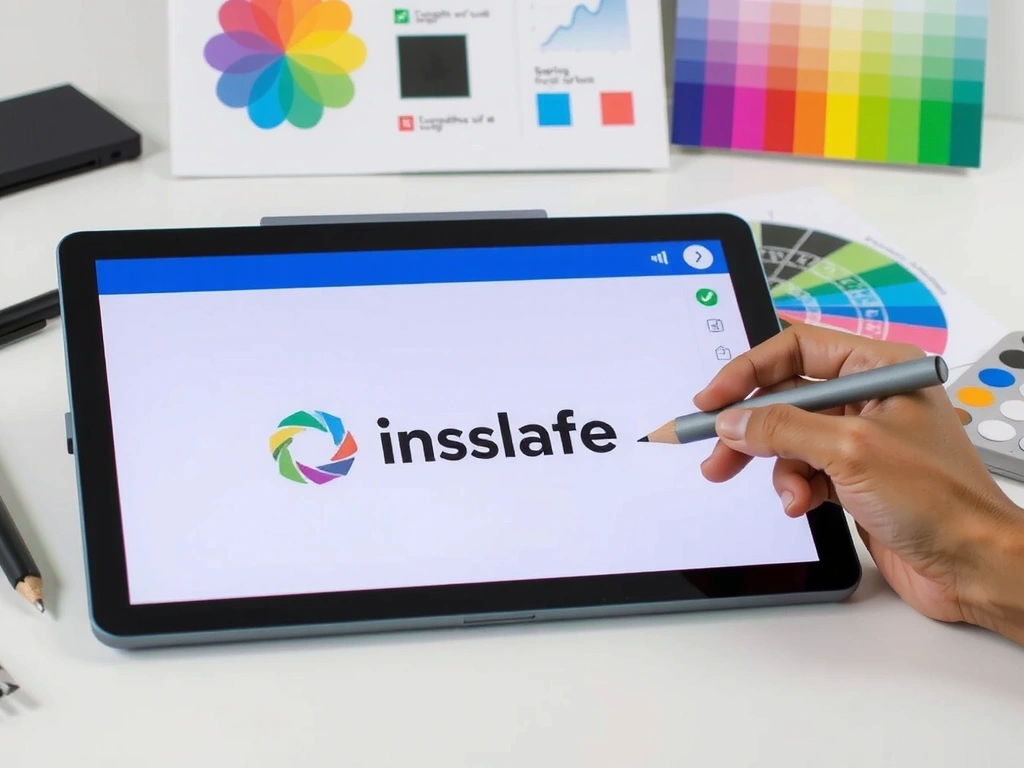 O artistă grafică schițează un logo modern pe o tabletă digitală, cu instrumente de design și palete de culori în fundal.