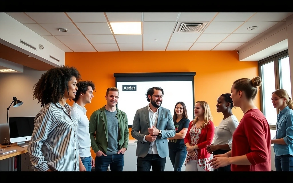 Echipa marketray colaborează într-un birou modern și luminos, discutând idei creative în fața unui ecran mare.