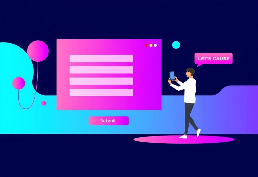 Ilustrație cu o persoană care interacționează cu un formular digital pe un ecran mare, înconjurat de elemente de UI moderne