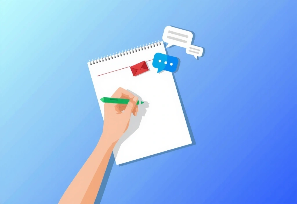 Imagine reprezentativă pentru contact, cu o mână care scrie și elemente grafice de comunicare