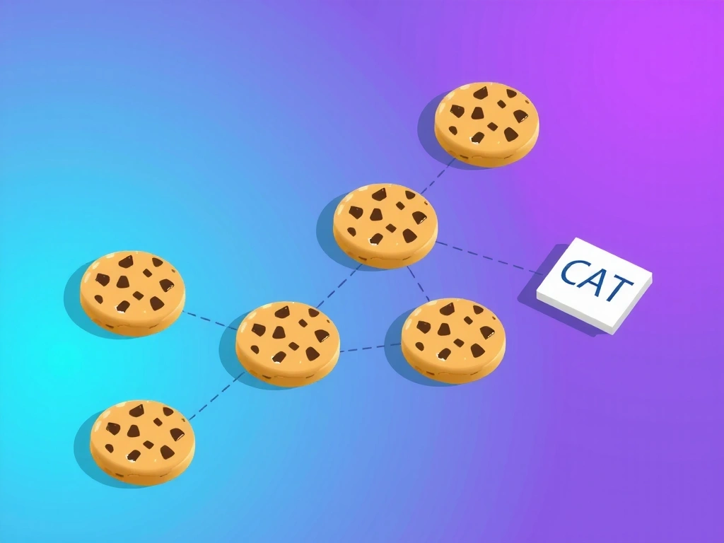 Ilustrație cu diverse tipuri de cookie-uri digitale și date interconectate.