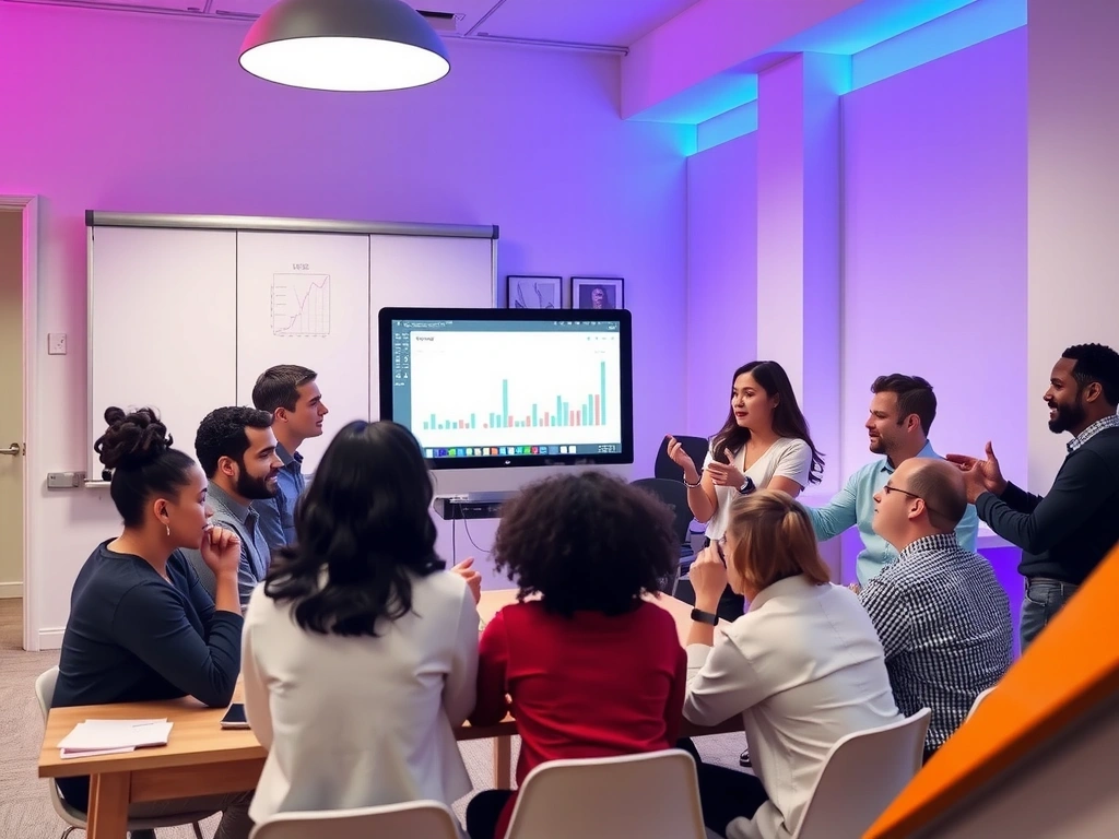 Echipa marketray discutând strategii digitale într-un birou modern