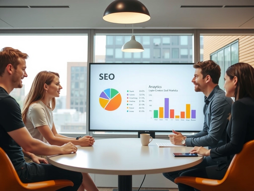 Echipa de marketing digital analizând date pe un dashboard interactiv