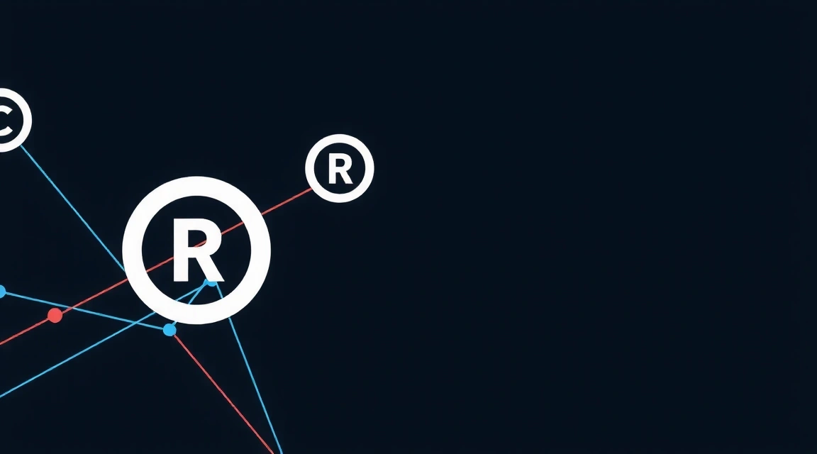 Ilustrație abstractă a drepturilor de proprietate intelectuală, cu simboluri de copyright și mărci înregistrate