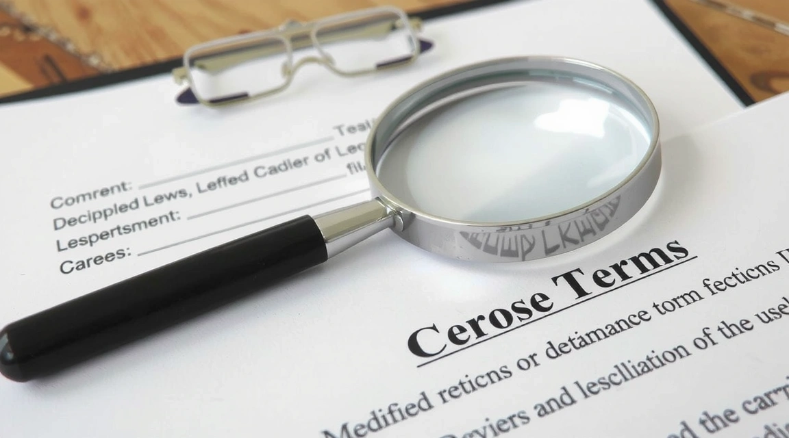 Imagine a unor documente legale cu o lupă, simbolizând revizuirea și modificarea termenilor